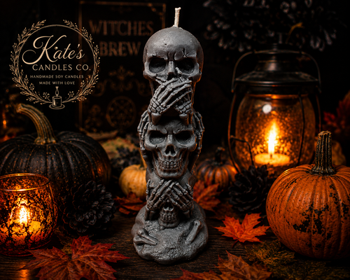 Speak No Evil Skull Pillar Candle – Gothic Halloween Soy Candle