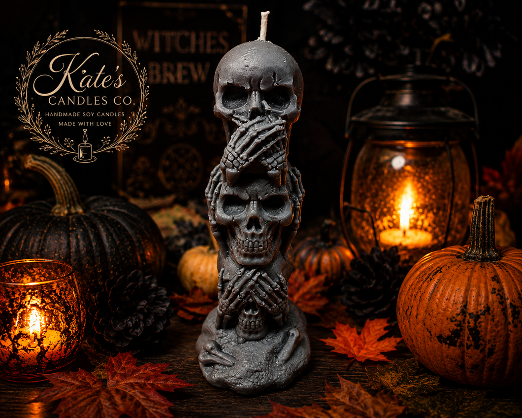 Speak No Evil Skull Pillar Candle – Gothic Halloween Soy Candle