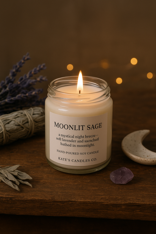 moonlit age candle with lavender and patchouli hand poured by Kate's Candles Co.